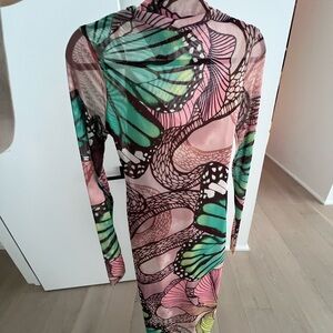 AFRM Pink and Green Butterfly Long Sleeve Dress